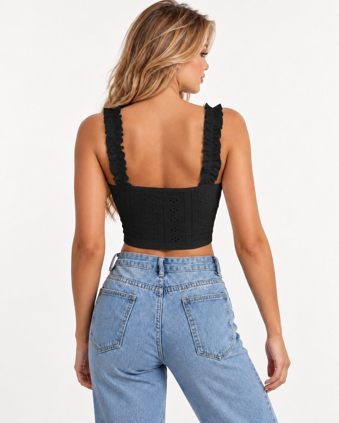 Liora Eyelet Top in Black – back view | SKU: SOR-LIO-BLACK-XS,SOR-LIO-BLACK-S,SOR-LIO-BLACK-M,SOR-LIO-BLACK-L,SOR-LIO-BLACK-XL
