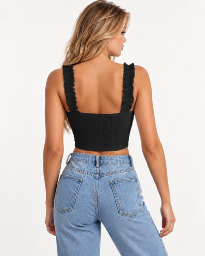 Liora Eyelet Top in Black – back view | SKU: SOR-LIO-BLACK-XS,SOR-LIO-BLACK-S,SOR-LIO-BLACK-M,SOR-LIO-BLACK-L,SOR-LIO-BLACK-XL