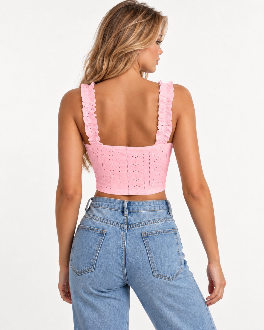 Liora Eyelet Top in Pink – back view | SKU: SOR-LIO-PINK-XS,SOR-LIO-PINK-S,SOR-LIO-PINK-M,SOR-LIO-PINK-L,SOR-LIO-PINK-XL