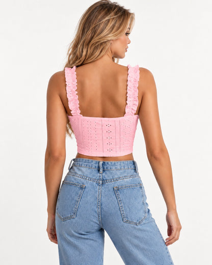 Liora Eyelet Top in Pink – back view | SKU: SOR-LIO-PINK-XS,SOR-LIO-PINK-S,SOR-LIO-PINK-M,SOR-LIO-PINK-L,SOR-LIO-PINK-XL