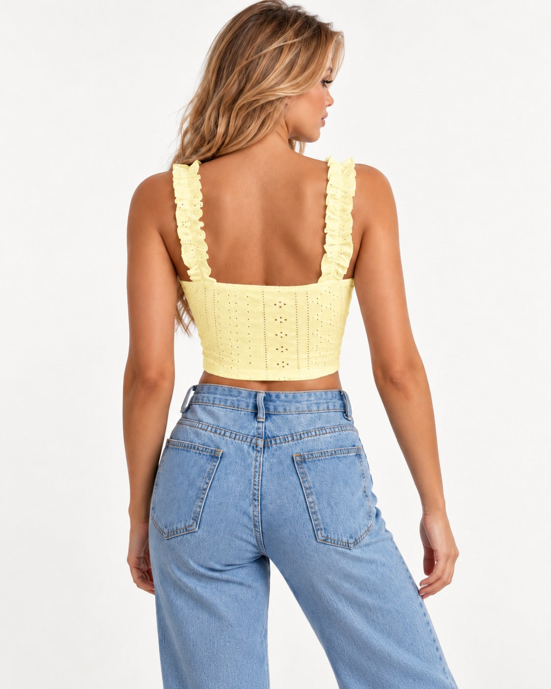 Liora Eyelet Top in Yellow – back view | SKU: SOR-LIO-YELLOW-XS,SOR-LIO-YELLOW-S,SOR-LIO-YELLOW-M,SOR-LIO-YELLOW-L,SOR-LIO-YELLOW-XL