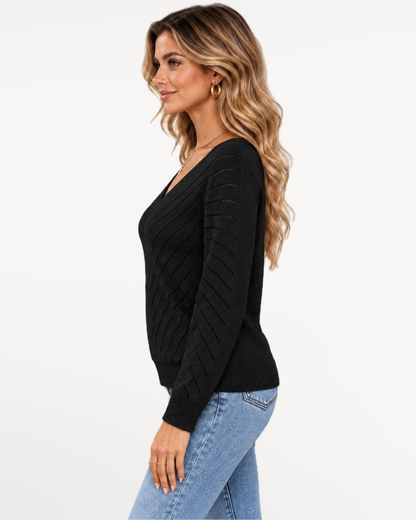 Liora Knit Sweater in Black – Left side view | SKU: LKS-815473620941586-BLACK-XS,LKS-815473620941586-BLACK-S,LKS-815473620941586-BLACK-M,LKS-815473620941586-BLACK-L,LKS-815473620941586-BLACK-XL