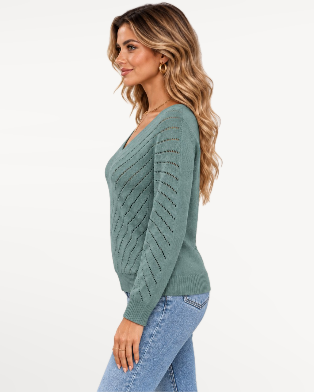 Liora Knit Sweater in Light Green – Left side view | SKU: LKS-815473620941586-LIGHTGREEN-XS,LKS-815473620941586-LIGHTGREEN-S,LKS-815473620941586-LIGHTGREEN-M,LKS-815473620941586-LIGHTGREEN-L,LKS-815473620941586-LIGHTGREEN-XL