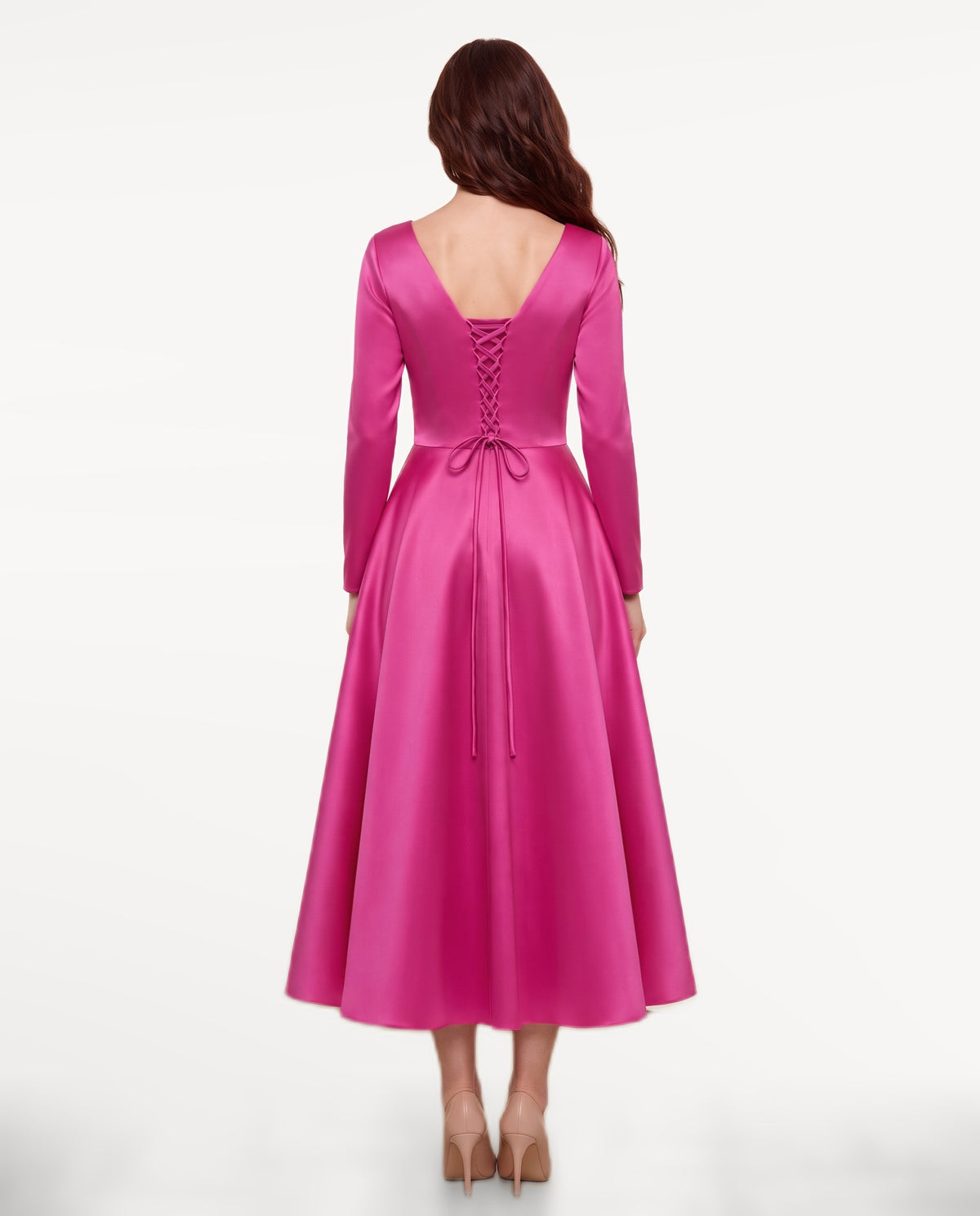 Lysandra Midi Dress in Hot Pink – back view | SKU: SOR-LYSANDRA-HPK-XS,SOR-LYSANDRA-HPK-S,SOR-LYSANDRA-HPK-M,SOR-LYSANDRA-HPK-L,SOR-LYSANDRA-HPK-XL