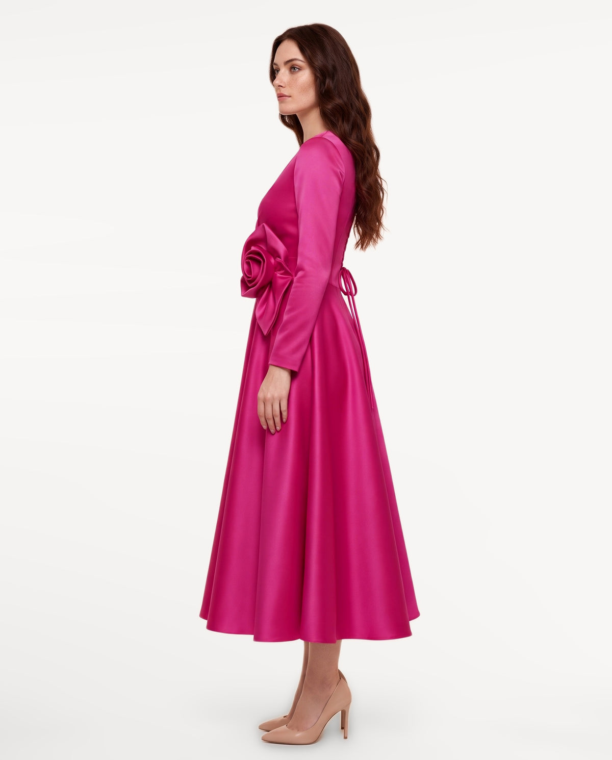 Lysandra Midi Dress in Hot Pink – left side view | SKU: SOR-LYSANDRA-HPK-XS,SOR-LYSANDRA-HPK-S,SOR-LYSANDRA-HPK-M,SOR-LYSANDRA-HPK-L,SOR-LYSANDRA-HPK-XL