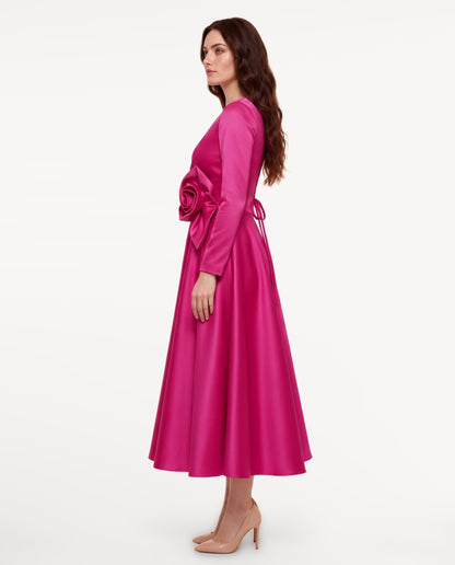 Lysandra Midi Dress in Hot Pink – left side view | SKU: SOR-LYSANDRA-HPK-XS,SOR-LYSANDRA-HPK-S,SOR-LYSANDRA-HPK-M,SOR-LYSANDRA-HPK-L,SOR-LYSANDRA-HPK-XL