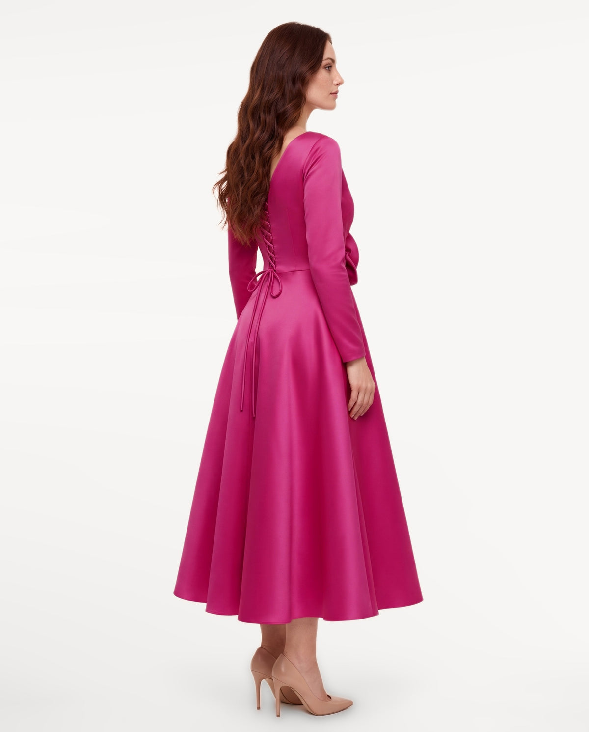 Lysandra Midi Dress in Hot Pink – right side view | SKU: SOR-LYSANDRA-HPK-XS,SOR-LYSANDRA-HPK-S,SOR-LYSANDRA-HPK-M,SOR-LYSANDRA-HPK-L,SOR-LYSANDRA-HPK-XL