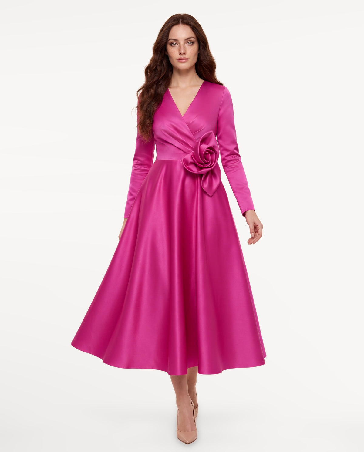 Lysandra Midi Dress in Hot Pink – in motion | SKU: SOR-LYSANDRA-HPK-XS,SOR-LYSANDRA-HPK-S,SOR-LYSANDRA-HPK-M,SOR-LYSANDRA-HPK-L,SOR-LYSANDRA-HPK-XL