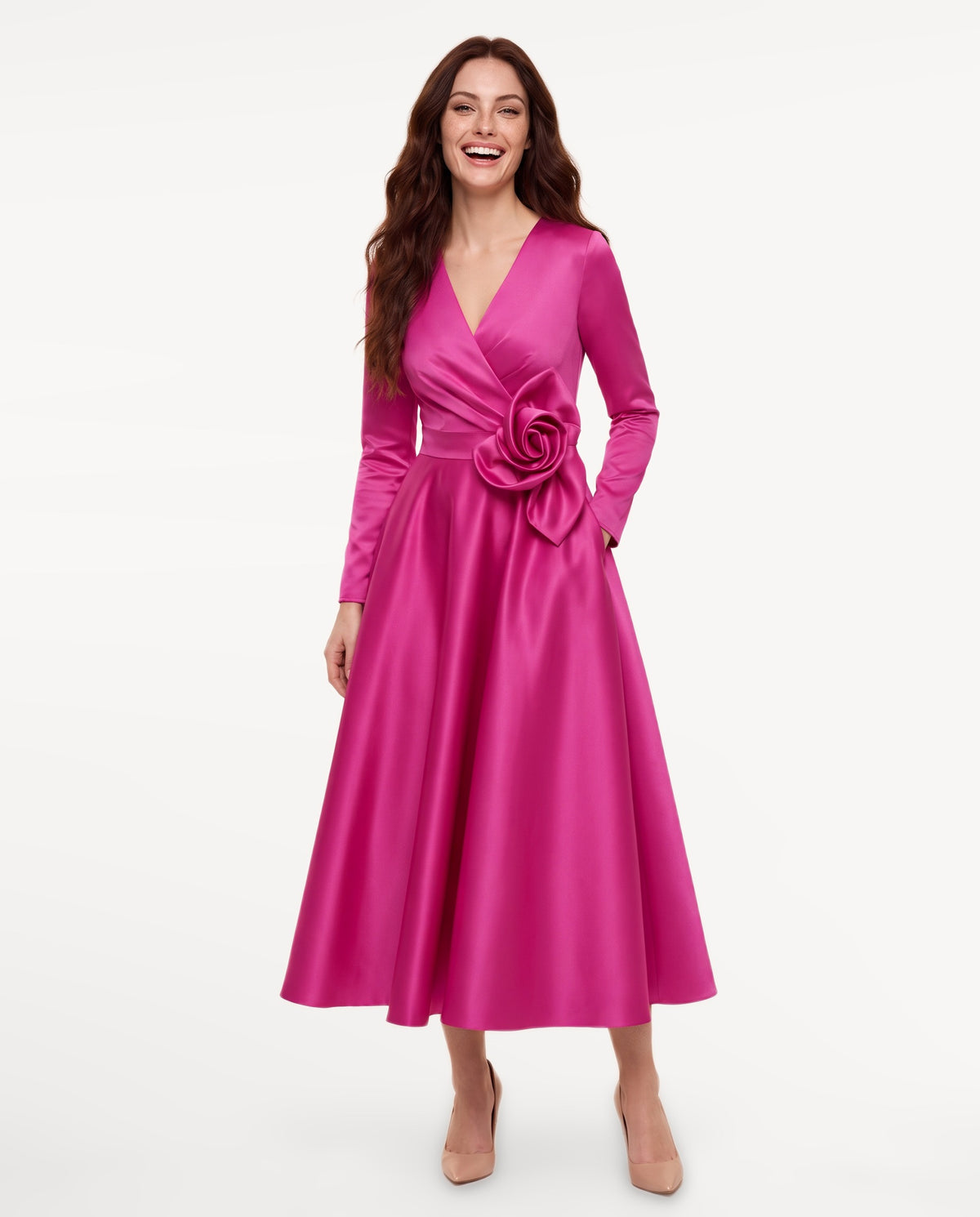 Lysandra Midi Dress in Hot Pink – emotional pose | SKU: SOR-LYSANDRA-HPK-XS,SOR-LYSANDRA-HPK-S,SOR-LYSANDRA-HPK-M,SOR-LYSANDRA-HPK-L,SOR-LYSANDRA-HPK-XL