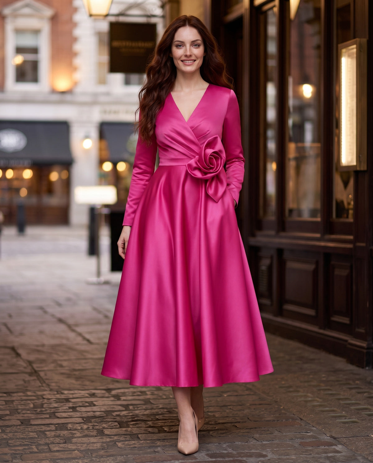 Lysandra Midi Dress in Hot Pink – lifestyle | SKU: SOR-LYSANDRA-HPK-XS,SOR-LYSANDRA-HPK-S,SOR-LYSANDRA-HPK-M,SOR-LYSANDRA-HPK-L,SOR-LYSANDRA-HPK-XL