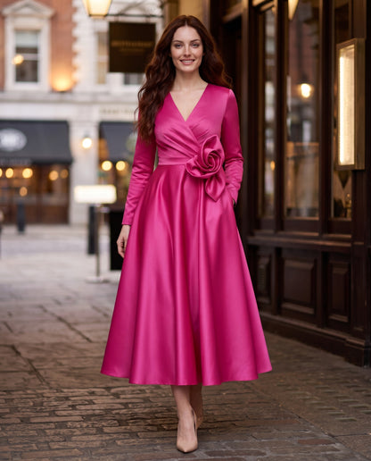 Lysandra Midi Dress in Hot Pink – lifestyle | SKU: SOR-LYSANDRA-HPK-XS,SOR-LYSANDRA-HPK-S,SOR-LYSANDRA-HPK-M,SOR-LYSANDRA-HPK-L,SOR-LYSANDRA-HPK-XL