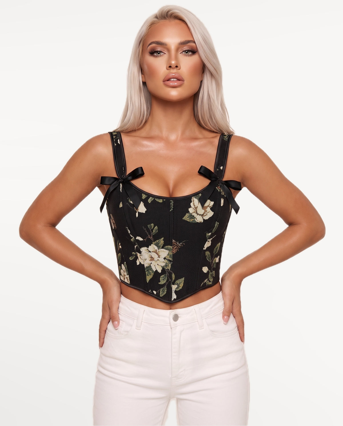 Magnolia Corset Top in Black – emotional pose | SKU: SOR-MAGNOLIA-BLK-XS,SOR-MAGNOLIA-BLK-S,SOR-MAGNOLIA-BLK-M,SOR-MAGNOLIA-BLK-L,SOR-MAGNOLIA-BLK-XL