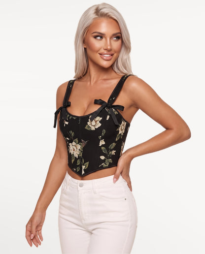 Magnolia Corset Top in Black – emotional pose | SKU: SOR-MAGNOLIA-BLK-XS,SOR-MAGNOLIA-BLK-S,SOR-MAGNOLIA-BLK-M,SOR-MAGNOLIA-BLK-L,SOR-MAGNOLIA-BLK-XL