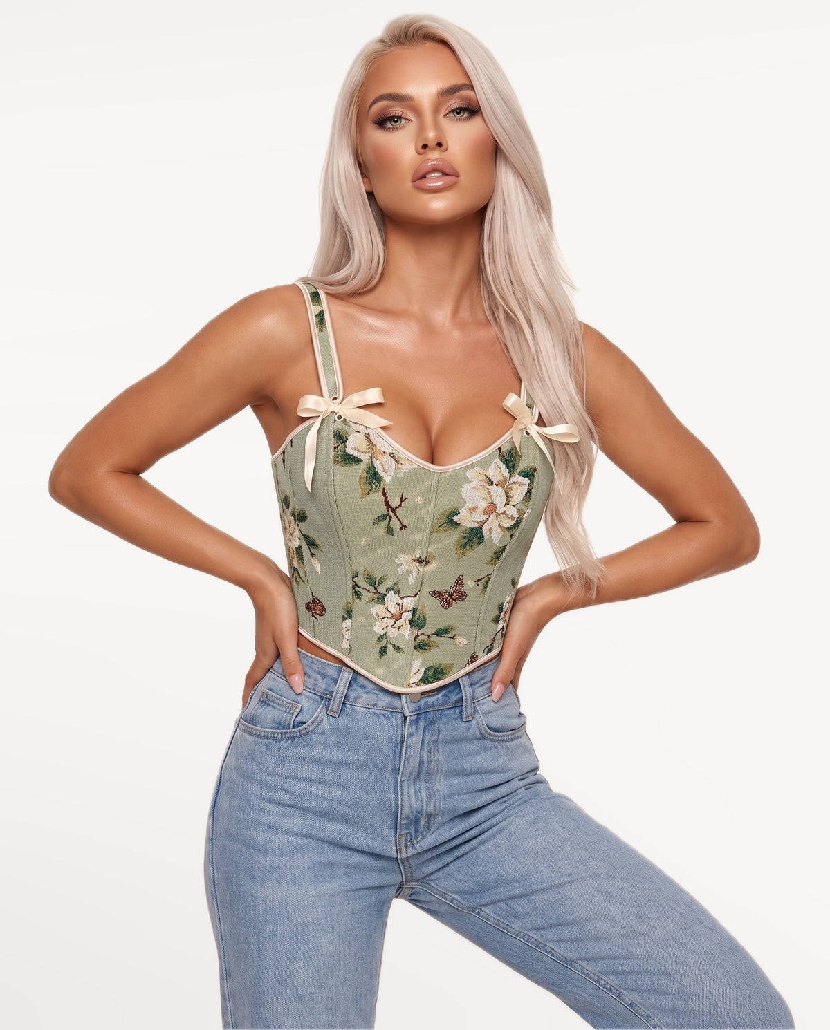 Magnolia Corset Top in Green – emotional pose | SKU: SOR-MAGNOLIA-SGR-XS,SOR-MAGNOLIA-SGR-S,SOR-MAGNOLIA-SGR-M,SOR-MAGNOLIA-SGR-L,SOR-MAGNOLIA-SGR-XL