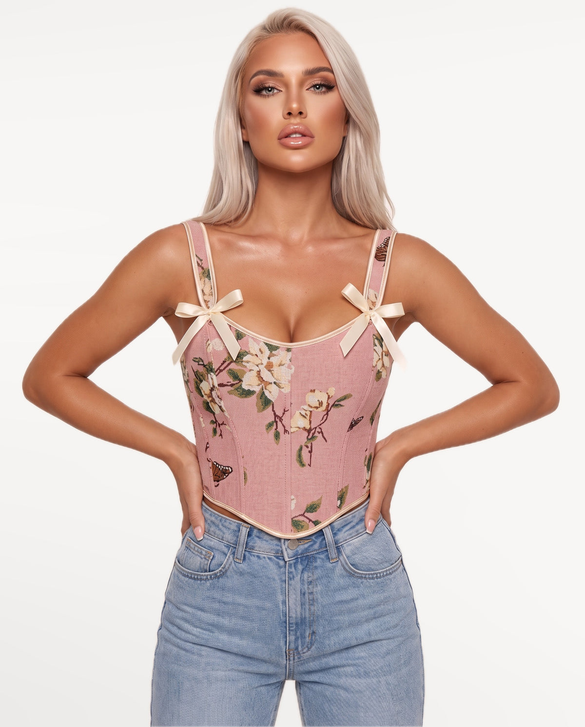 Magnolia Corset Top in Pink – emotional pose | SKU: SOR-MAGNOLIA-PNK-XS,SOR-MAGNOLIA-PNK-S,SOR-MAGNOLIA-PNK-M,SOR-MAGNOLIA-PNK-L,SOR-MAGNOLIA-PNK-XL