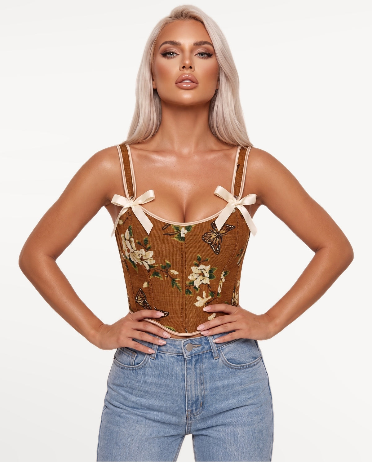Magnolia Corset Top in Brown – emotional pose | SKU: SOR-MAGNOLIA-BRN-XS,SOR-MAGNOLIA-BRN-S,SOR-MAGNOLIA-BRN-M,SOR-MAGNOLIA-BRN-L,SOR-MAGNOLIA-BRN-XL