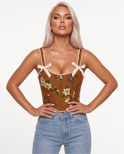 Magnolia Corset Top in Brown – emotional pose | SKU: SOR-MAGNOLIA-BRN-XS,SOR-MAGNOLIA-BRN-S,SOR-MAGNOLIA-BRN-M,SOR-MAGNOLIA-BRN-L,SOR-MAGNOLIA-BRN-XL