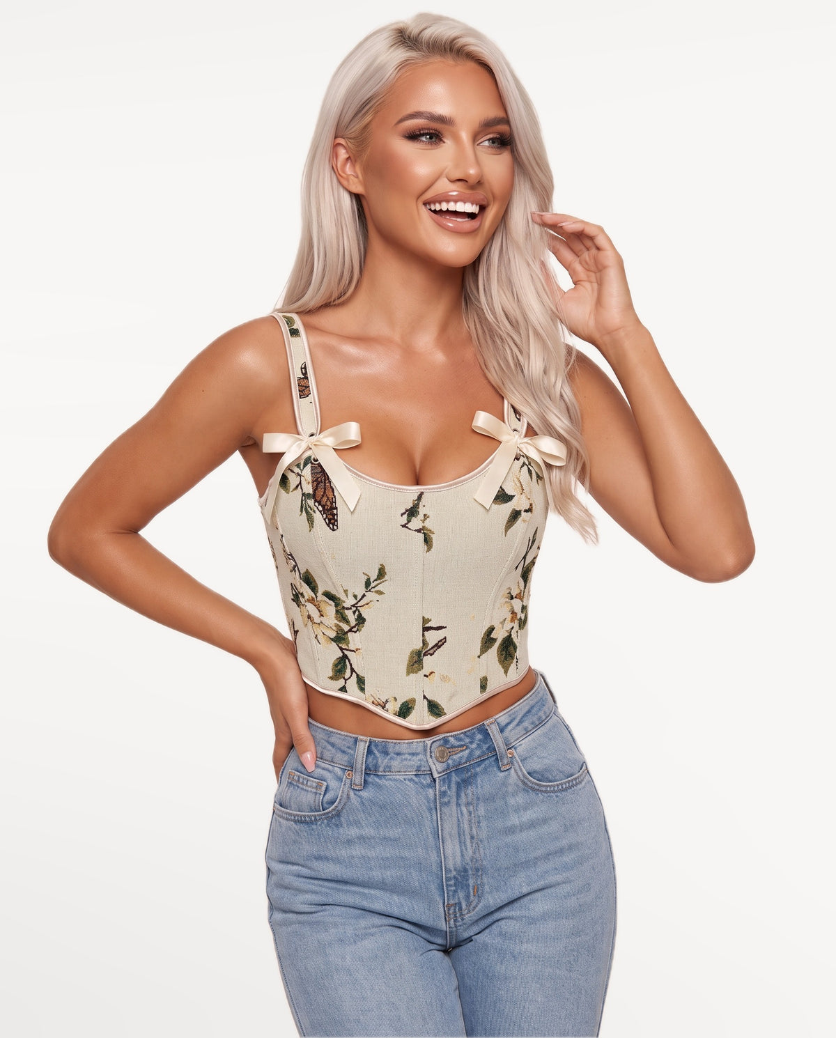 Magnolia Corset Top in Apricot – emotional pose | SKU: SOR-MAGNOLIA-IVR-XS,SOR-MAGNOLIA-IVR-S,SOR-MAGNOLIA-IVR-M,SOR-MAGNOLIA-IVR-L,SOR-MAGNOLIA-IVR-XL