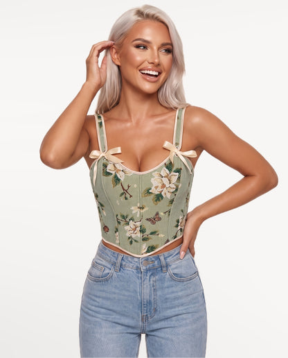 Magnolia Corset Top in Green – emotional pose | SKU: SOR-MAGNOLIA-SGR-XS,SOR-MAGNOLIA-SGR-S,SOR-MAGNOLIA-SGR-M,SOR-MAGNOLIA-SGR-L,SOR-MAGNOLIA-SGR-XL