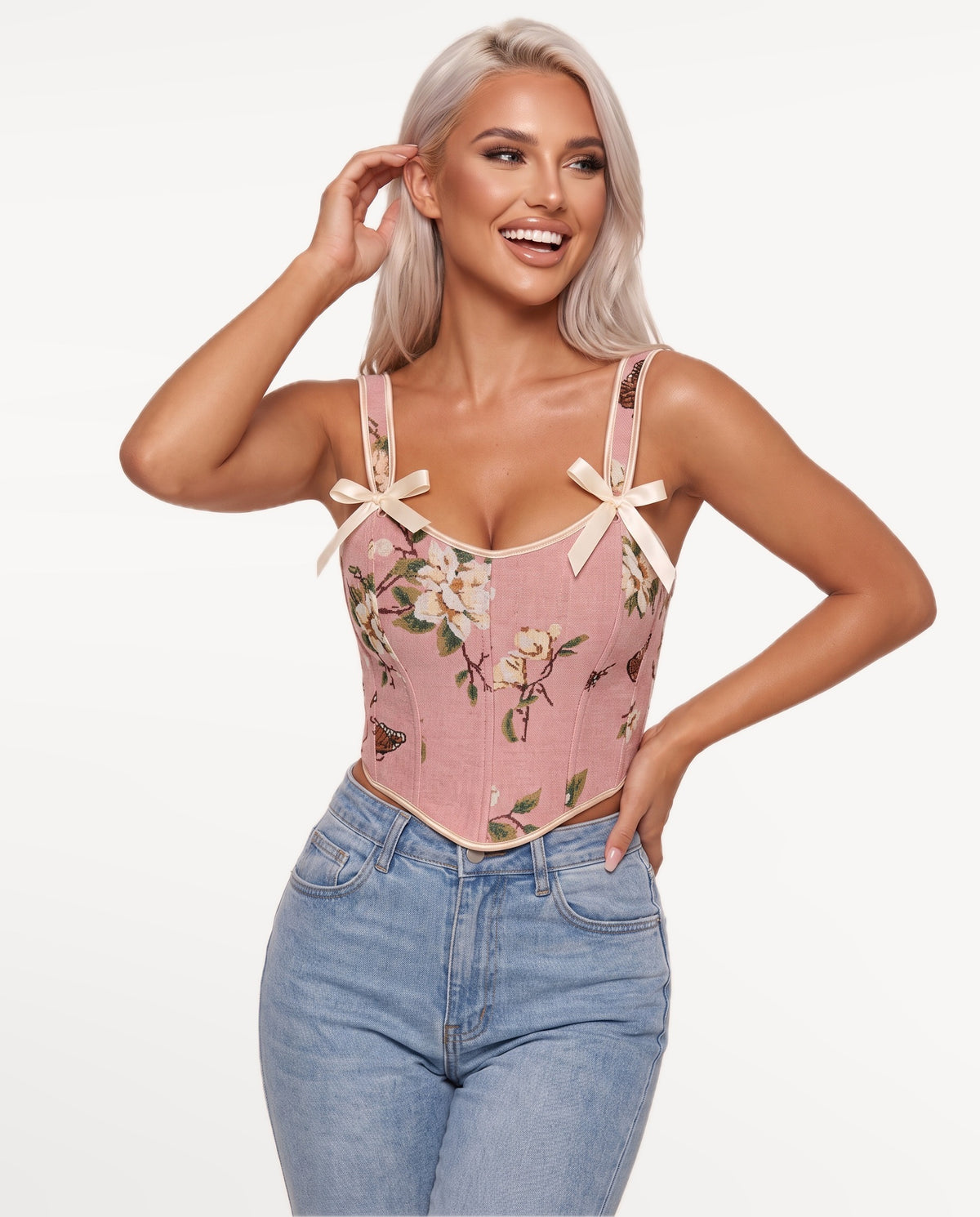 Magnolia Corset Top in Pink – emotional pose | SKU: SOR-MAGNOLIA-PNK-XS,SOR-MAGNOLIA-PNK-S,SOR-MAGNOLIA-PNK-M,SOR-MAGNOLIA-PNK-L,SOR-MAGNOLIA-PNK-XL