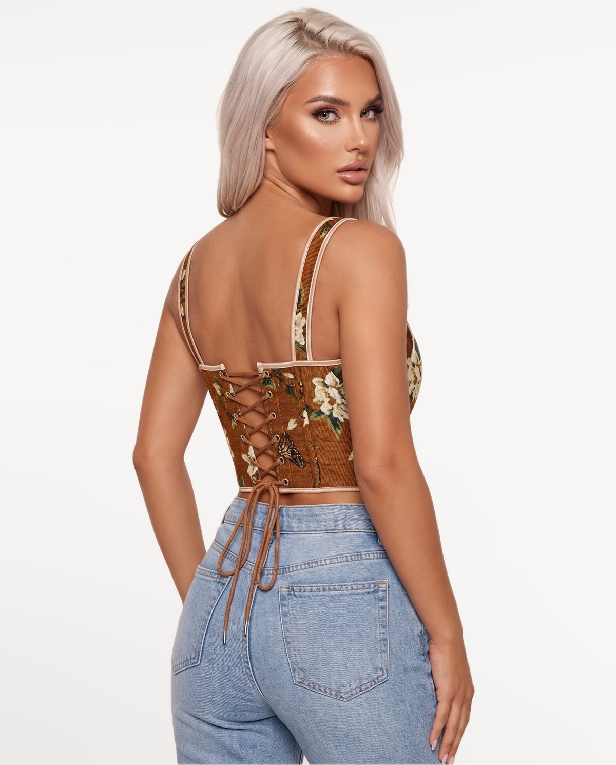 Magnolia Corset Top in Brown – back view | SKU: SOR-MAGNOLIA-BRN-XS,SOR-MAGNOLIA-BRN-S,SOR-MAGNOLIA-BRN-M,SOR-MAGNOLIA-BRN-L,SOR-MAGNOLIA-BRN-XL