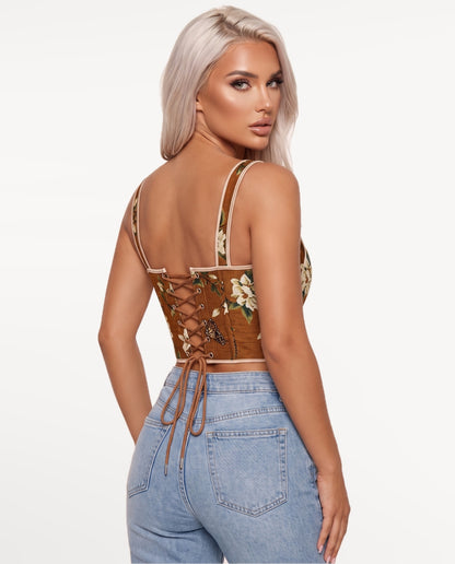 Magnolia Corset Top in Brown – back view | SKU: SOR-MAGNOLIA-BRN-XS,SOR-MAGNOLIA-BRN-S,SOR-MAGNOLIA-BRN-M,SOR-MAGNOLIA-BRN-L,SOR-MAGNOLIA-BRN-XL