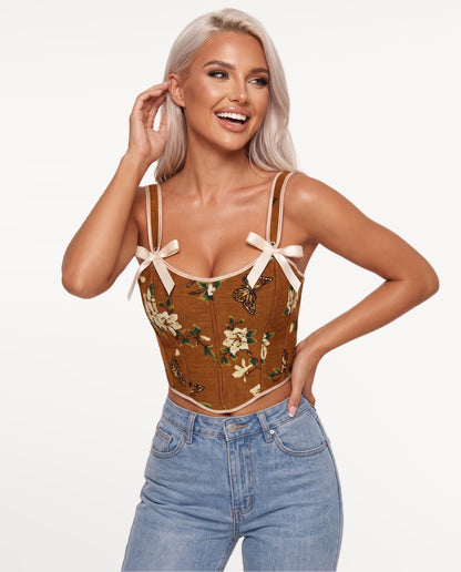 Magnolia Corset Top in Brown – emotional pose | SKU: SOR-MAGNOLIA-BRN-XS,SOR-MAGNOLIA-BRN-S,SOR-MAGNOLIA-BRN-M,SOR-MAGNOLIA-BRN-L,SOR-MAGNOLIA-BRN-XL