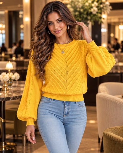 Marielle Knit Sweater in Yellow – Evening lifestyle | SKU: MKS-581436920715384-YELLOW-XS,MKS-581436920715384-YELLOW-S,MKS-581436920715384-YELLOW-M,MKS-581436920715384-YELLOW-L,MKS-581436920715384-YELLOW-XL