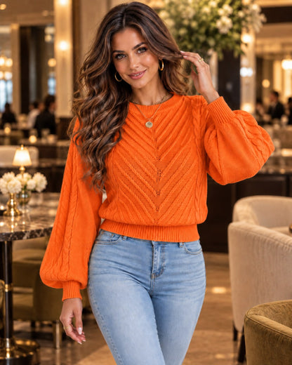 Marielle Knit Sweater in Orange – Evening lifestyle | SKU: MKS-581436920715384-ORANGE-XS,MKS-581436920715384-ORANGE-S,MKS-581436920715384-ORANGE-M,MKS-581436920715384-ORANGE-L,MKS-581436920715384-ORANGE-XL