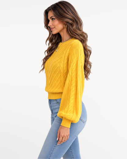 Marielle Knit Sweater in Yellow – Side view | SKU: MKS-581436920715384-YELLOW-XS,MKS-581436920715384-YELLOW-S,MKS-581436920715384-YELLOW-M,MKS-581436920715384-YELLOW-L,MKS-581436920715384-YELLOW-XL