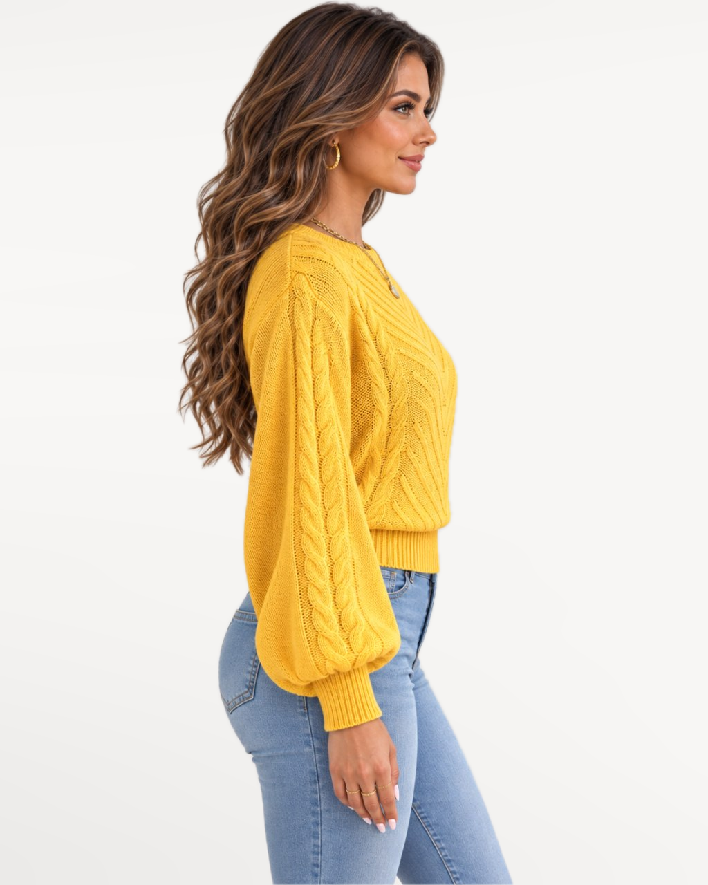 Marielle Knit Sweater in Yellow – Opposite side view | SKU: MKS-581436920715384-YELLOW-XS,MKS-581436920715384-YELLOW-S,MKS-581436920715384-YELLOW-M,MKS-581436920715384-YELLOW-L,MKS-581436920715384-YELLOW-XL