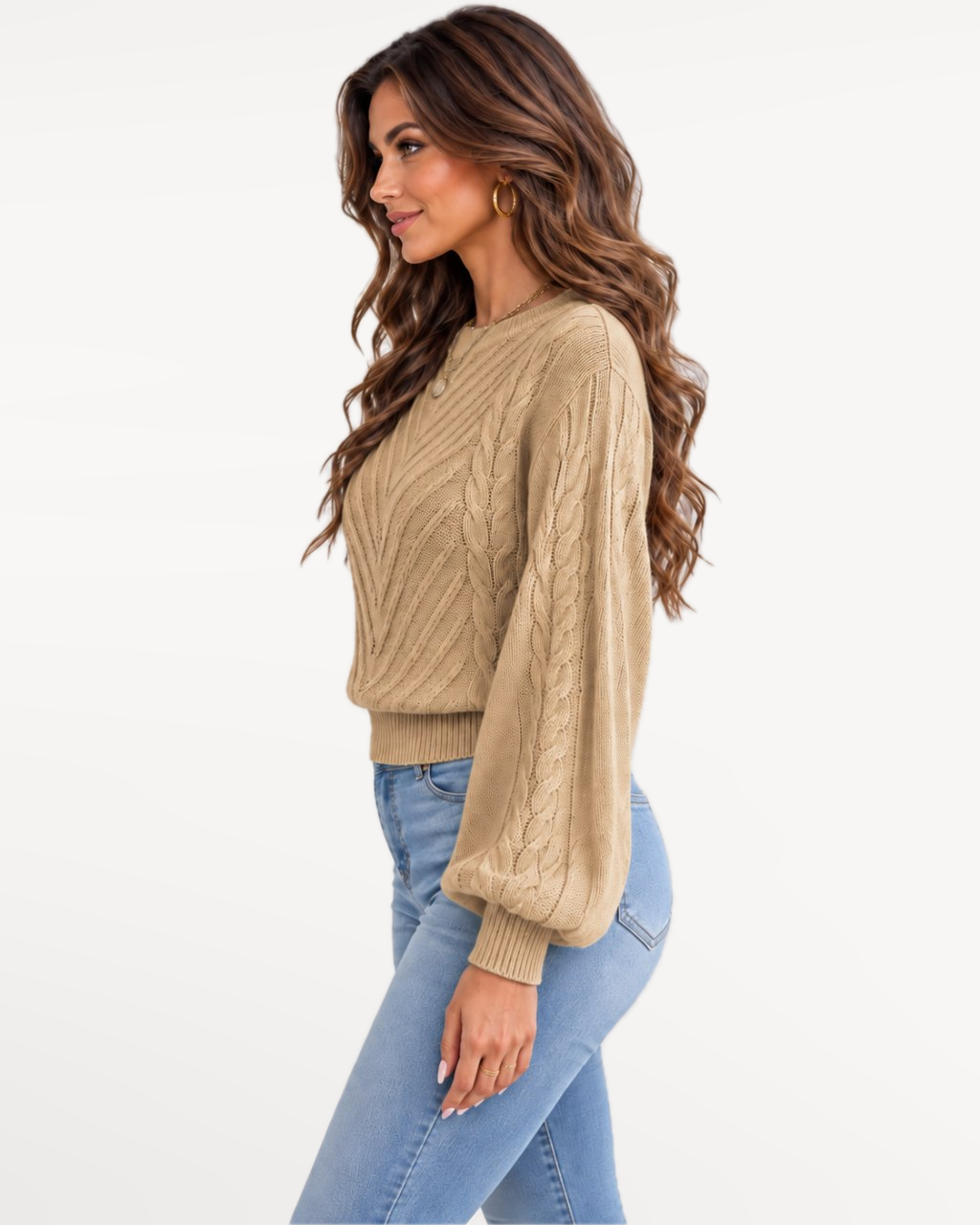 Marielle Knit Sweater in Khaki – Side view | SKU: MKS-581436920715384-KHAKI-XS,MKS-581436920715384-KHAKI-S,MKS-581436920715384-KHAKI-M,MKS-581436920715384-KHAKI-L,MKS-581436920715384-KHAKI-XL