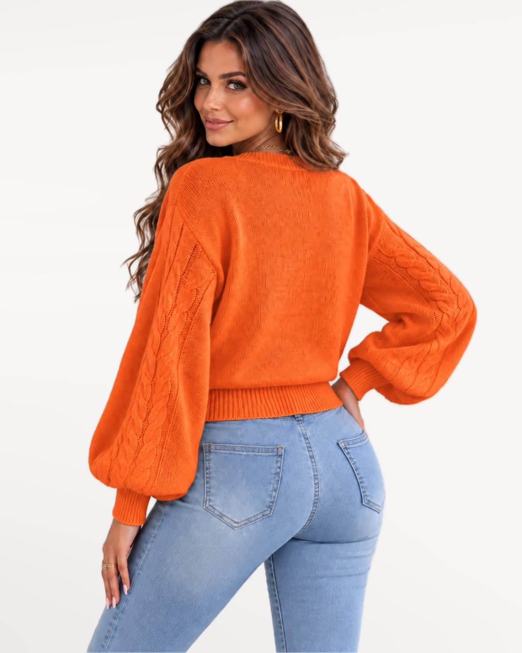 Marielle Knit Sweater in Orange – Back view | SKU: MKS-581436920715384-ORANGE-XS,MKS-581436920715384-ORANGE-S,MKS-581436920715384-ORANGE-M,MKS-581436920715384-ORANGE-L,MKS-581436920715384-ORANGE-XL