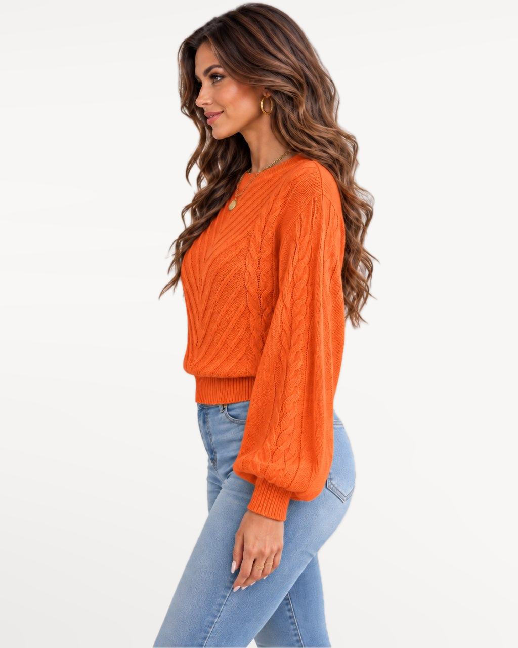 Marielle Knit Sweater in Orange – Side view | SKU: MKS-581436920715384-ORANGE-XS,MKS-581436920715384-ORANGE-S,MKS-581436920715384-ORANGE-M,MKS-581436920715384-ORANGE-L,MKS-581436920715384-ORANGE-XL