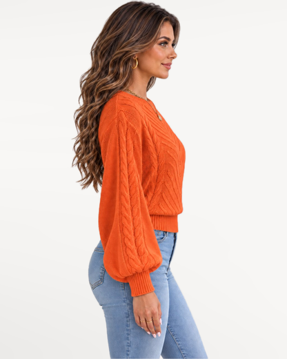 Marielle Knit Sweater in Orange – Opposite side view | SKU: MKS-581436920715384-ORANGE-XS,MKS-581436920715384-ORANGE-S,MKS-581436920715384-ORANGE-M,MKS-581436920715384-ORANGE-L,MKS-581436920715384-ORANGE-XL