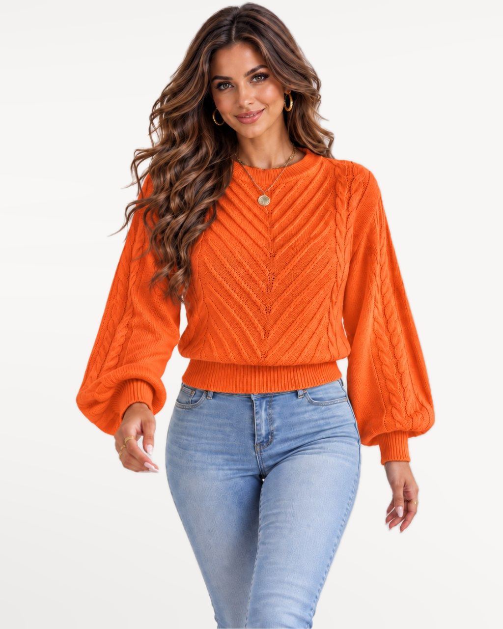 Marielle Knit Sweater in Orange – Studio movement | SKU: MKS-581436920715384-ORANGE-XS,MKS-581436920715384-ORANGE-S,MKS-581436920715384-ORANGE-M,MKS-581436920715384-ORANGE-L,MKS-581436920715384-ORANGE-XL