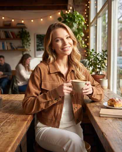 Marlowe Corduroy Jacket in brown — coffee lifestyle | SKU: SOR-MARLOWE-BRN-XS,SOR-MARLOWE-BRN-S,SOR-MARLOWE-BRN-M,SOR-MARLOWE-BRN-L,SOR-MARLOWE-BRN-XL