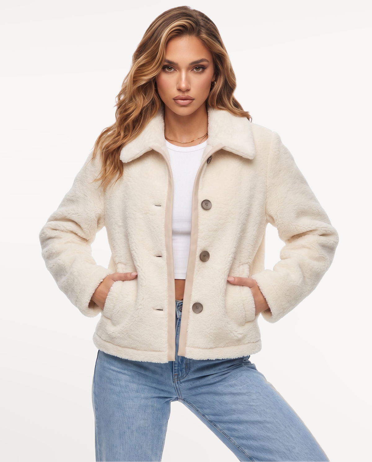 Mila Teddy Jacket in Beige – hands in pockets | SKU: SOR-MILA-BEI-XS,SOR-MILA-BEI-S,SOR-MILA-BEI-M,SOR-MILA-BEI-L,SOR-MILA-BEI-XL