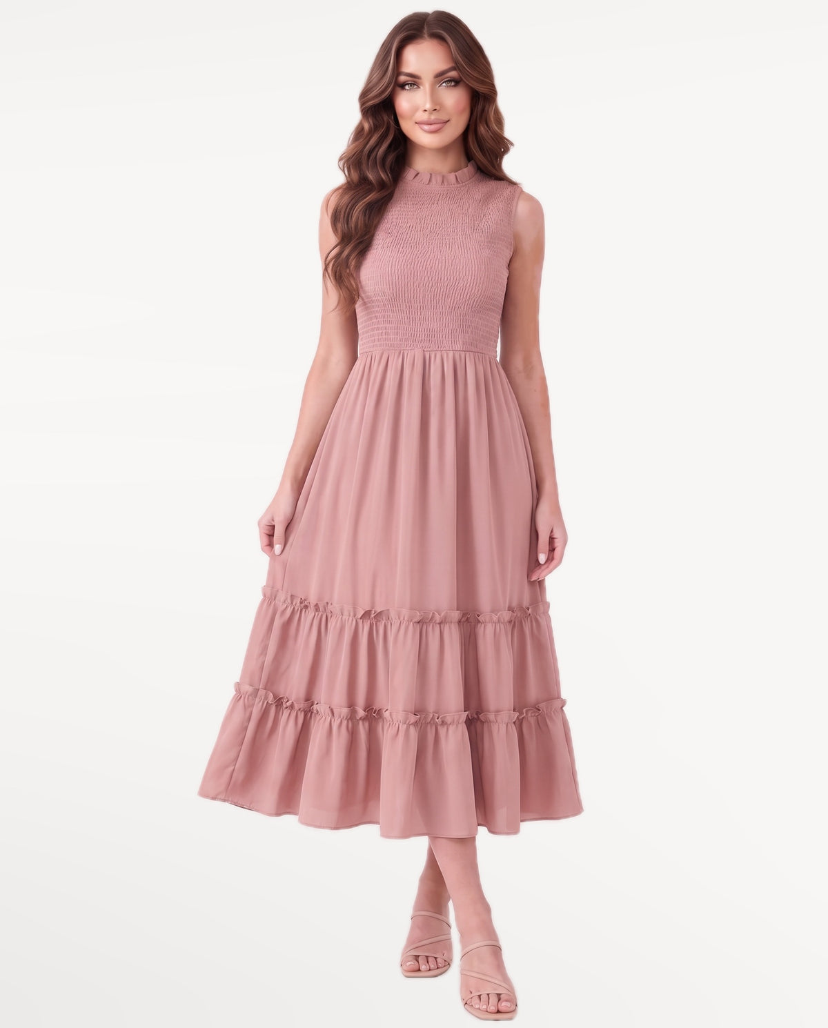 Mirabel Midi Dress in Pink – emotional pose
