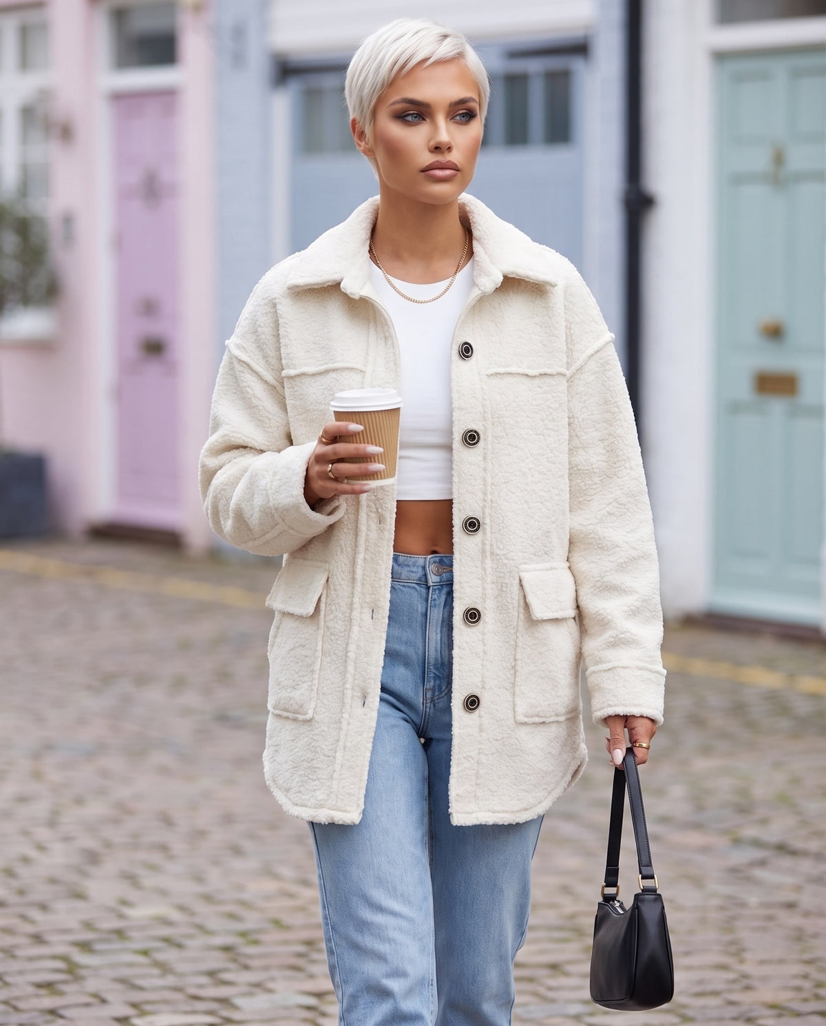 Nina Borg Shacket in White – winter street in London | SKU: SOR-NINA-WHT-XS,SOR-NINA-WHT-S,SOR-NINA-WHT-M,SOR-NINA-WHT-L,SOR-NINA-WHT-XL