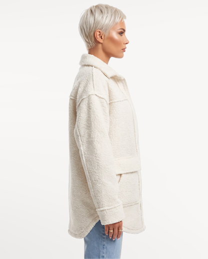 Nina Borg Shacket in White – side view, right | SKU: SOR-NINA-WHT-XS,SOR-NINA-WHT-S,SOR-NINA-WHT-M,SOR-NINA-WHT-L,SOR-NINA-WHT-XL