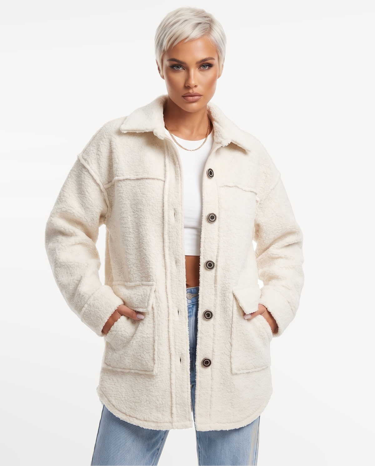 Nina Borg Shacket in White – hands in pockets | SKU: SOR-NINA-WHT-XS,SOR-NINA-WHT-S,SOR-NINA-WHT-M,SOR-NINA-WHT-L,SOR-NINA-WHT-XL