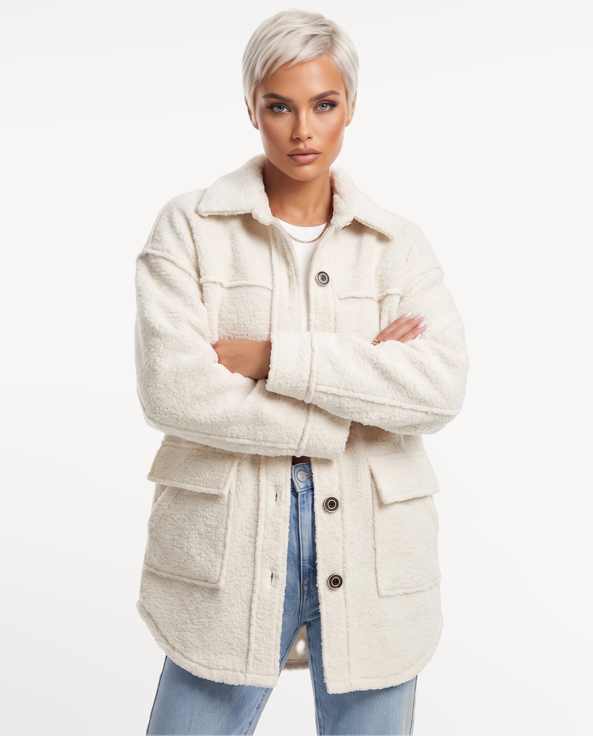Nina Borg Shacket in White – arms folded | SKU: SOR-NINA-WHT-XS,SOR-NINA-WHT-S,SOR-NINA-WHT-M,SOR-NINA-WHT-L,SOR-NINA-WHT-XL