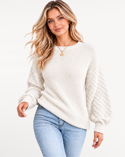 Norvessa Cable Sweater in White – view 5 | SKU: NCS-593817264045731-WHITE-XS,NCS-593817264045731-WHITE-S,NCS-593817264045731-WHITE-M,NCS-593817264045731-WHITE-L,NCS-593817264045731-WHITE-XL