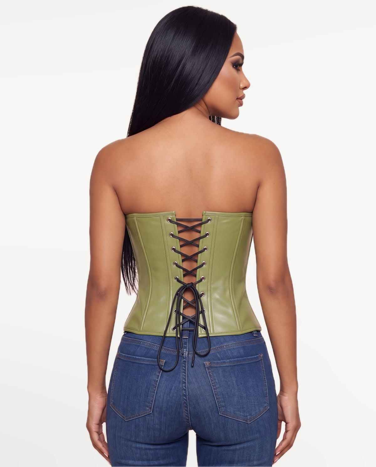 Nyx Corset Top in Grass Green – back view | SKU: SOR-NYX-OLV-XS,SOR-NYX-OLV-S,SOR-NYX-OLV-M,SOR-NYX-OLV-L,SOR-NYX-OLV-XL