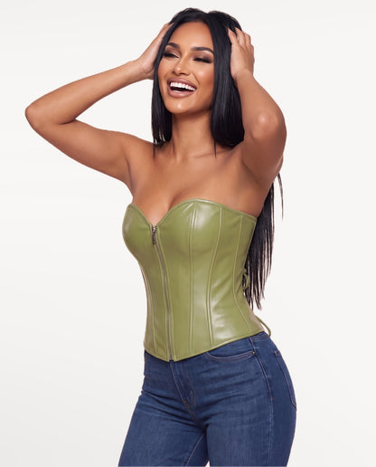 Nyx Corset Top in Grass Green – emotional pose | SKU: SOR-NYX-OLV-XS,SOR-NYX-OLV-S,SOR-NYX-OLV-M,SOR-NYX-OLV-L,SOR-NYX-OLV-XL