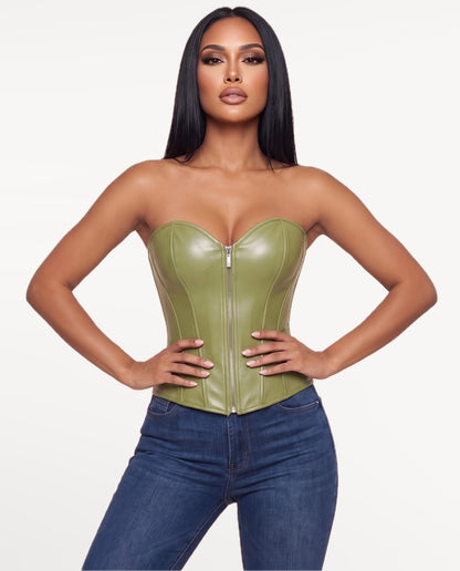 Nyx Corset Top in Grass Green – emotional pose | SKU: SOR-NYX-OLV-XS,SOR-NYX-OLV-S,SOR-NYX-OLV-M,SOR-NYX-OLV-L,SOR-NYX-OLV-XL