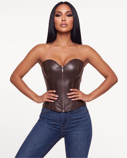 Nyx Corset Top in Mocha Brown – emotional pose | SKU: SOR-NYX-BRN-XS,SOR-NYX-BRN-S,SOR-NYX-BRN-M,SOR-NYX-BRN-L,SOR-NYX-BRN-XL