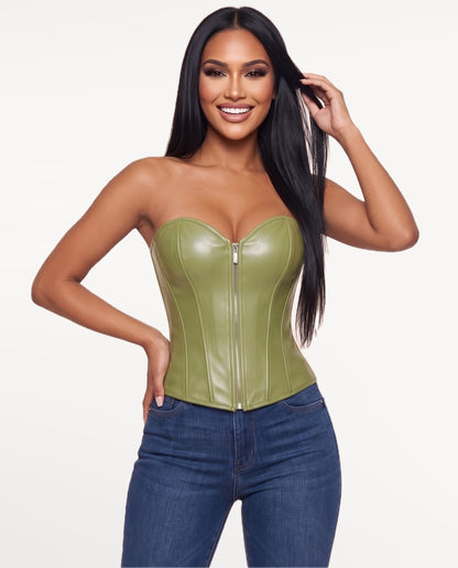 Nyx Corset Top in Grass Green – emotional pose | SKU: SOR-NYX-OLV-XS,SOR-NYX-OLV-S,SOR-NYX-OLV-M,SOR-NYX-OLV-L,SOR-NYX-OLV-XL