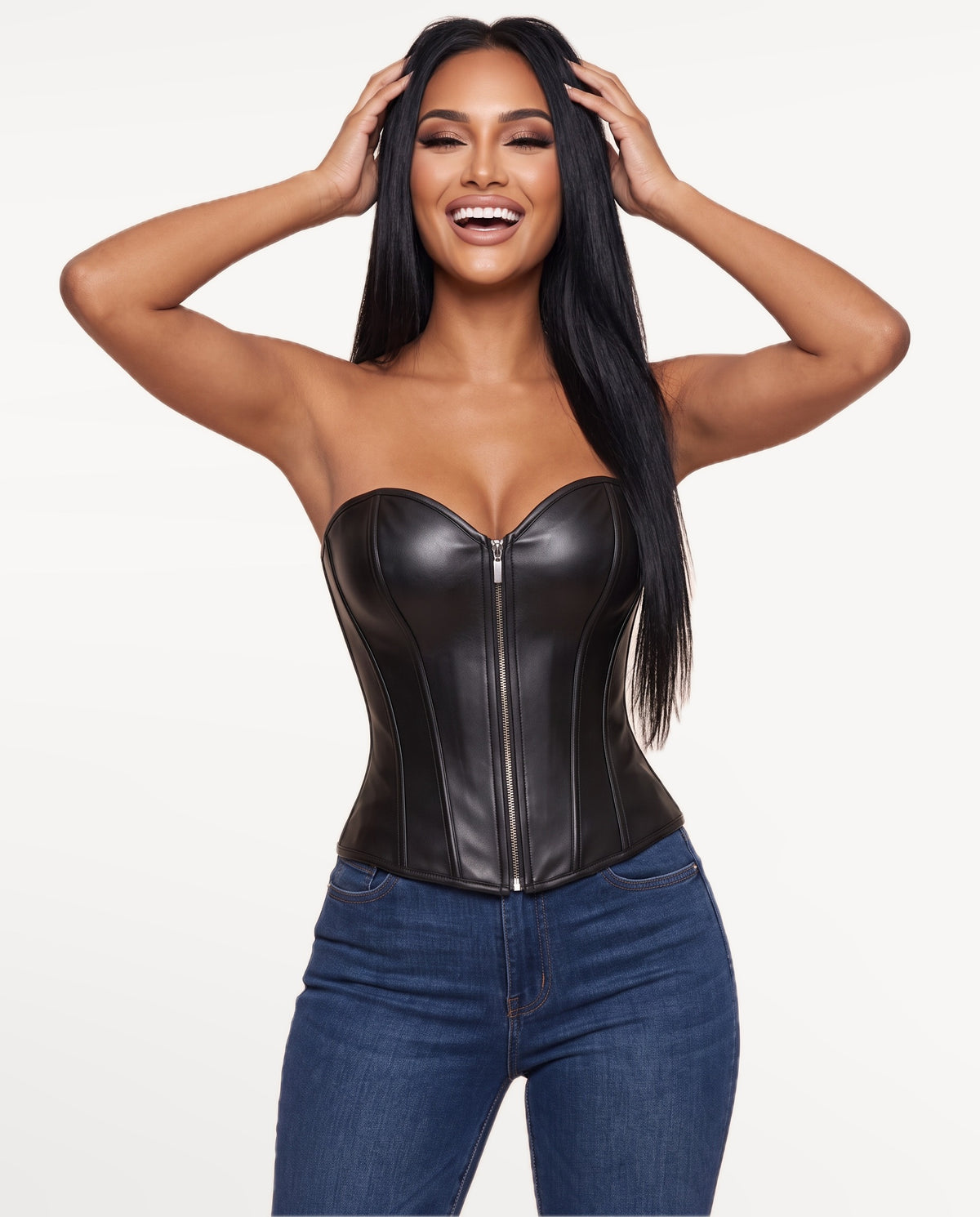 Nyx Corset Top in Black – emotional pose | SKU: SOR-NYX-BLK-XS,SOR-NYX-BLK-S,SOR-NYX-BLK-M,SOR-NYX-BLK-L,SOR-NYX-BLK-XL